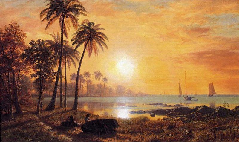 Albert Bierstadt Tropical Landscape with Fishing Boats in Bay